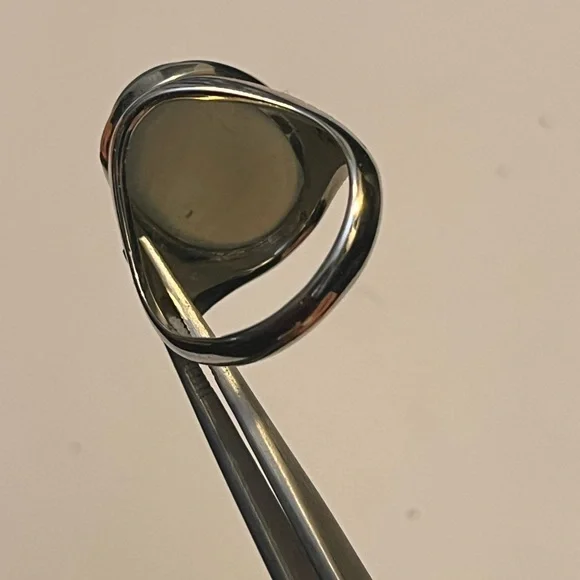 ANTIQUE 10K WHITE GOLD "UNISEX" RING w/NATURAL GREEN MOONSTONE&ENAMELS, ART DECO - Picture 6 of 12